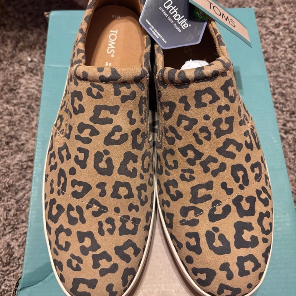 TOMS Tan and Black Leopard Slip-Ons